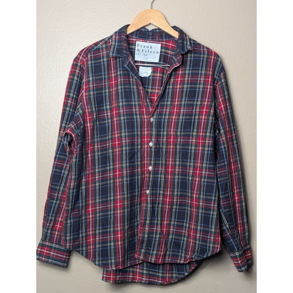 Frank & Eileen Eileen Flannel Shirt Womens XL Red Navy Plaid Italian‎ Cotton